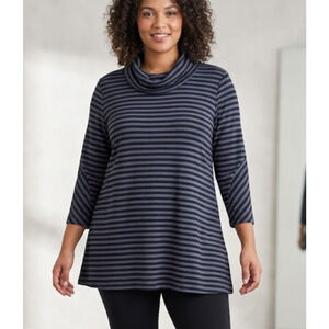 Talbots XL Blue Black Striped Cowl Neck Top 3/4 Sleeve Knit Tunic Womens Casual